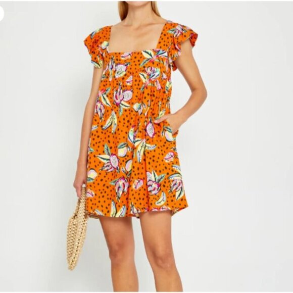 Kourt Aria Linen Tropical Short Dress Pockets Fruit Bird Medium Orange - Picture 1 of 14
